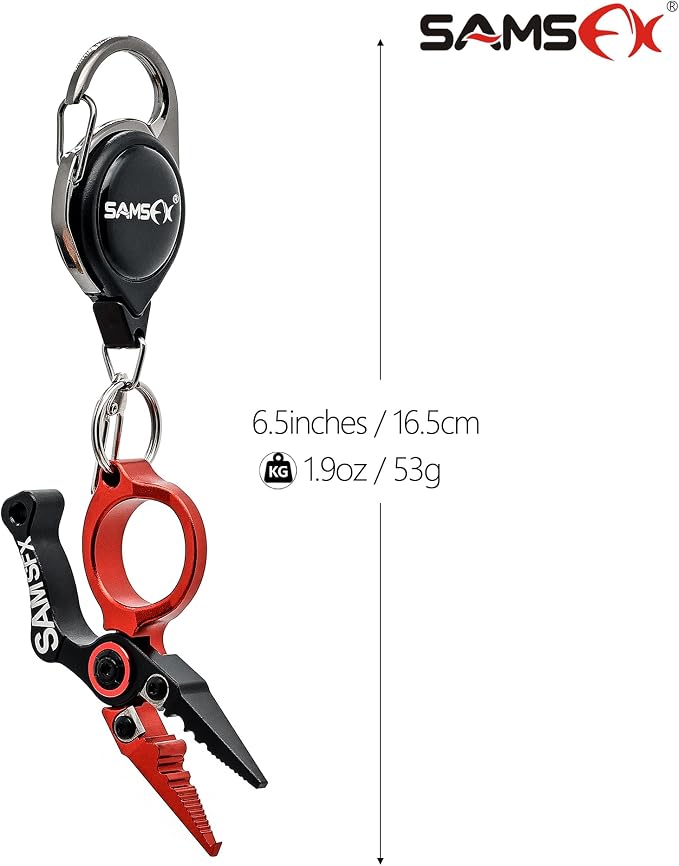 SAMSFX Mini Fishing Pliers with Fly Fishing Zinger Retractor, Fish Hook Remover Tool, Split Ring Pliers for Saltwater & Freshwater, Tungsten Carbide Cutters, Fishing Gear Gift for Anglers