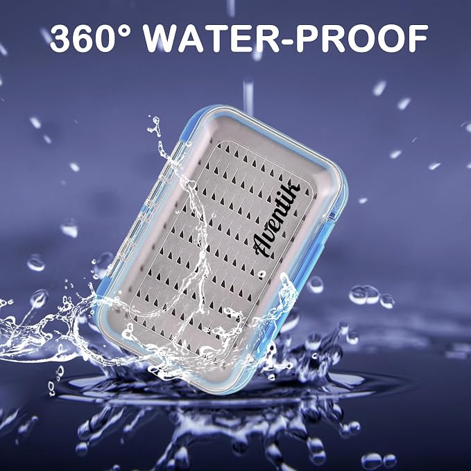Aventik Waterproof Clear Fly Box Double Sides Floating Lightweight Fly Fishing Case Large Capacity Grip Foam Nymph Wet Dry Flies Lure Box(H18 Blue, SIZE B:6.08X4X1.6inch)
