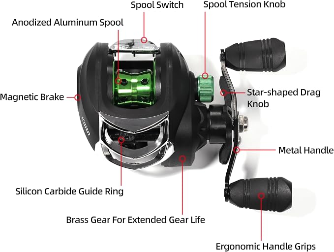 Kilitn Fishing Rod and Reel Combo, Green Color Baitcasting Combo Baitcast Reel, 2-Piece Baitcaster Rod, Durable Fiberglass with Comfortable EVA Handle