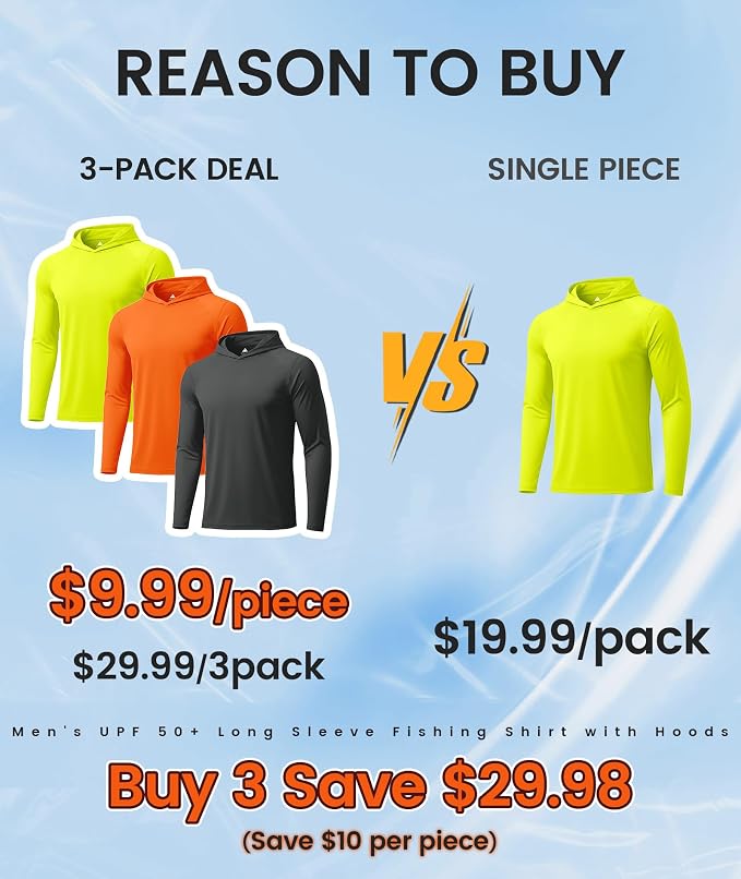 ZITY 3 Pack Men's Sun Protection Hoodie Shirt Fishing Shirts for Men UPF 50+ Long Sleeve Shirt Lightweight Rash Guard