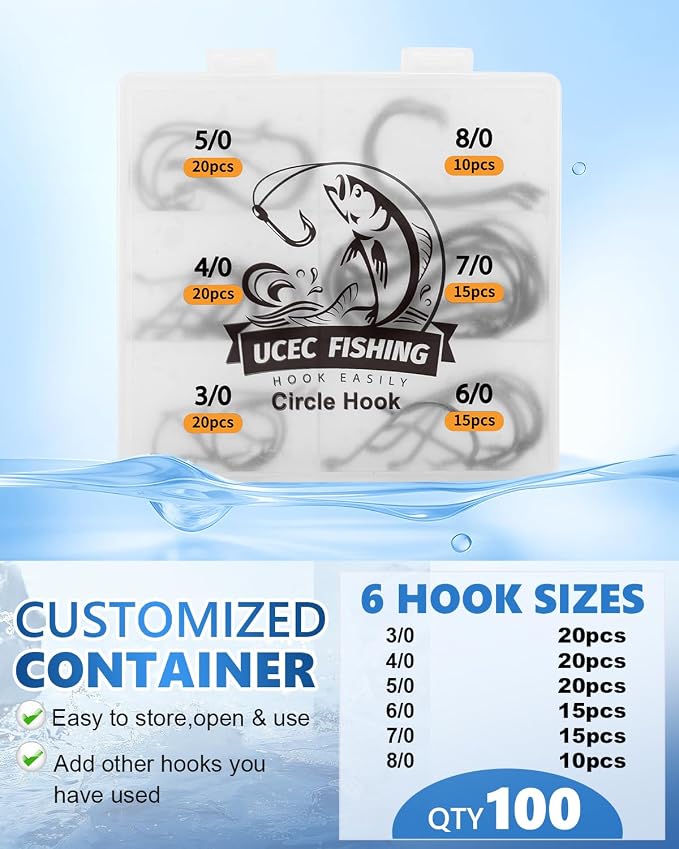 UCEC Circle Hooks Fishing Hooks 2X Strong Offset Circle Hooks Saltwater Black High Carbon Steel Octopus Catfish Fishing Hooks Fishing Gear Tackle 150pcs/ 240pcs - Size:#1 1/0 2/0 3/0 4/0 5/0 6/0 8/0