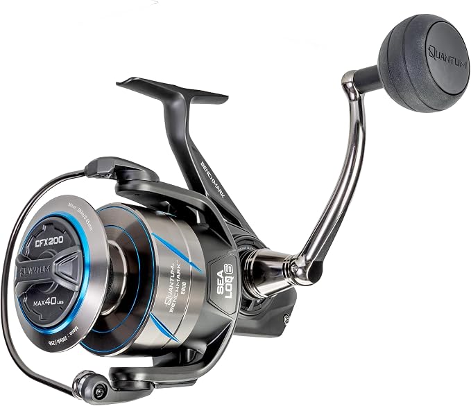 Quantum Benchmark Spinning Fishing Reel, 5+1 Bearings, Aluminum Frame, SEALOQ 6 Protection, GEARTEQ Machined Gears, CFX200 Carbon Fiber Drag, Silver/Blue