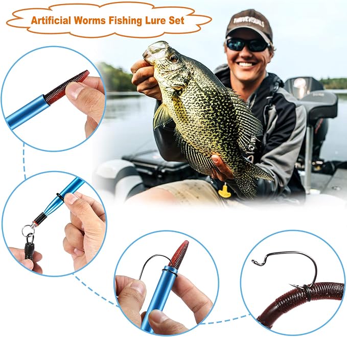 PLUSINNO Wacky Worm Fishing Lure Kit, Soft Plastic Fishing Lures, Grub Baits Hook Wacky Rig Bass Trout Fishing Worms Lures w/Tackle Box