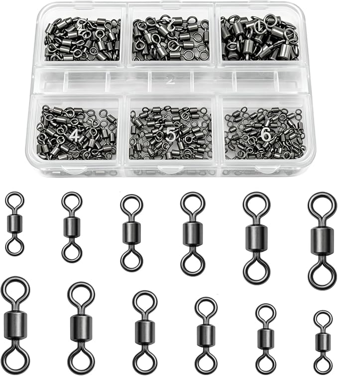 DONQL Fishing Swivels 200pcs, Swivels Fishing Tackle, Stainless Steel Barrel Swivel, #4#6#8#10#12#14, 61.7lbs to 6.6 lbs, for Saltwater, Freshwater, Leader, Line, Lure Connector