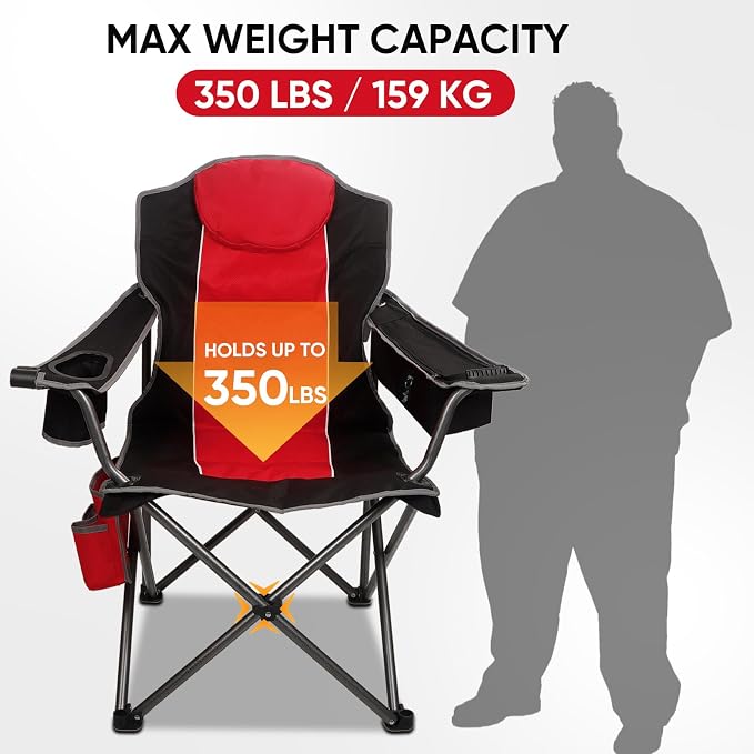 Colorsoul Oversized Camping Chair, Padded Portable Camping Chairs with Cup Holder, Cooler Bag and Shoulder Straps, Heavy Duty Outdoor Folding Chair for Camping, Beach, Fishing, Support 350 LBS, Red