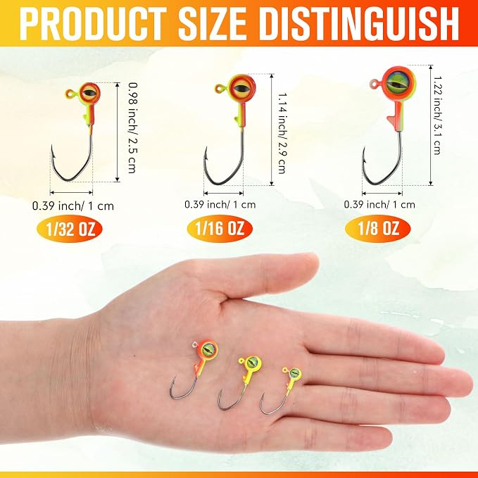 Vinsot Crappie Jig Heads 1/4oz 1/8oz 3/8oz 1/16oz 1/32oz Fishing Jig Hooks Simulation Fish Eye Ball Hook Bulk for Crappie Bass Trout Lures Gift