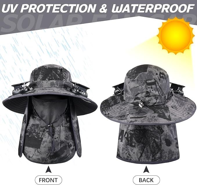 Glitopper 2 Pcs Solar Fan Hat with 2 Fan Wide Brim Removable Face Cover Cooling Fishing Buckets Hats