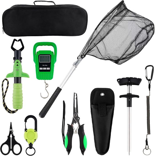 Hikary 10 Pcs Fishing Tool Kit,Folding Fishing Net Set with Storang Bag,Pliers with Lanyard and Protective Sheaths,Hook Remover,Fish Gripper,Fish Scale,Scissors for Fisherman Travel Gifts