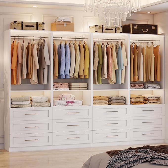 Modular Closet System with 12 Drawers, 8FT Engineered Wood Closet Organizer System for Walk-in Closet, Storage Unit with 8 Extendable Hanging Rods, White (Set of 4)
