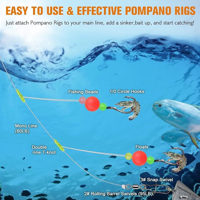 Dovesun 10PCS/4PCS Pompano Rigs for Surf Fishing Saltwater Fishing Rigs with Floats and Beads Unique Double-Line T-Knot Pre-Rigged Surf Fishing Gear & Tackle with Circle Hooks