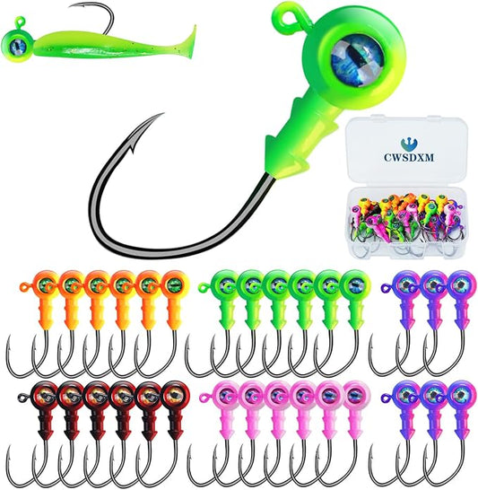 Round Jigs Heads for Fishing, 3D Eyes Ball Head Hooks with Stacked Cone Keeper, 1/8oz 1/5oz 1/4oz 3/8oz Crappie Jig Heads for Bass Fishing Trout Crappie Panfish Walleye
