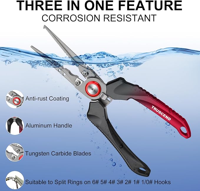 TRUSCEND Easy Use Lockable Fishing Pliers with Tungsten Carbide Cutter, Innovative Ergonomic Handy Handle, Saltwater Corrosion Resistant Teflon Coated Fishing Tool, Light Multi-Function Fishing Gear