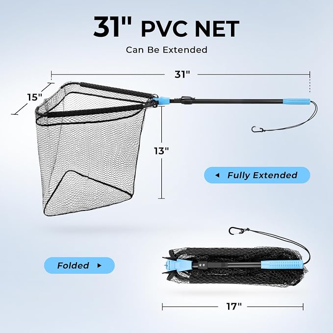 Calamus Triangle Fishing Net, Foldable, Lightweight & Strong Landing Net with Non-Slip Elastomer Handle, Built-in Elastic Lanyard and Belt Clip, Fishing Gear - Gift for Men