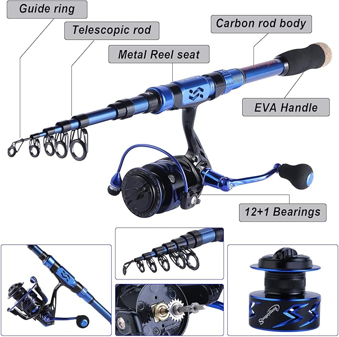 Sougayilang Fishing Rod and Reel Set Carbon Fiber Telescopic Fishing Rod 12+1BB Spinning Reel with Carry Case for Saltwater Freshwater