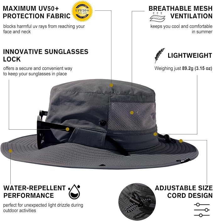 TOP-EX Men's Wide Brim Sun Hat UPF 50+ Waterproof, Packable Breathable Mesh Boonie Bucket Cap for Hiking Fishing Safari