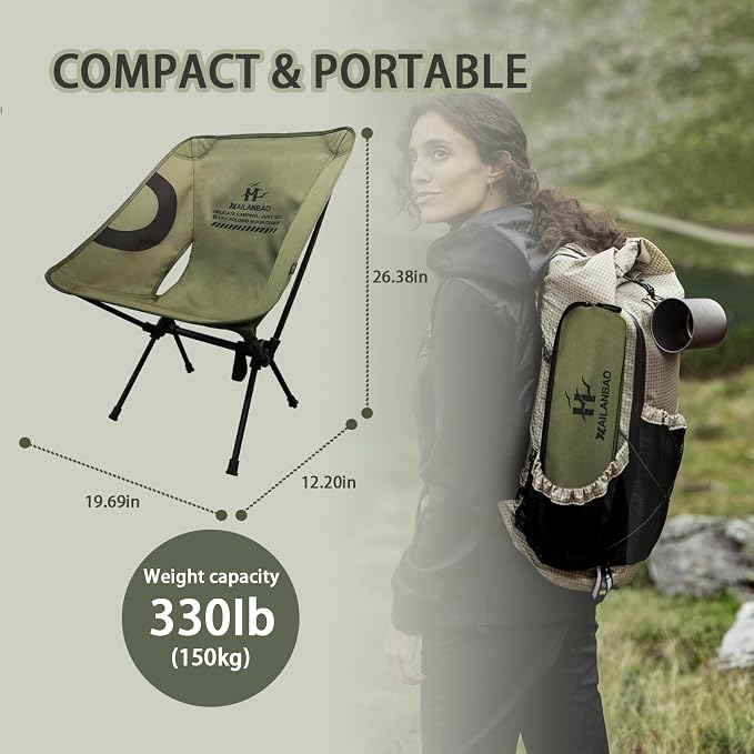 hailanbao Lightweight Folding Camping Chair for Adults, Heavy Duty 300lbs Capacity Compact Backpacking Hiking Chair – Portable Durable Outdoor Chair with Ergonomic Support