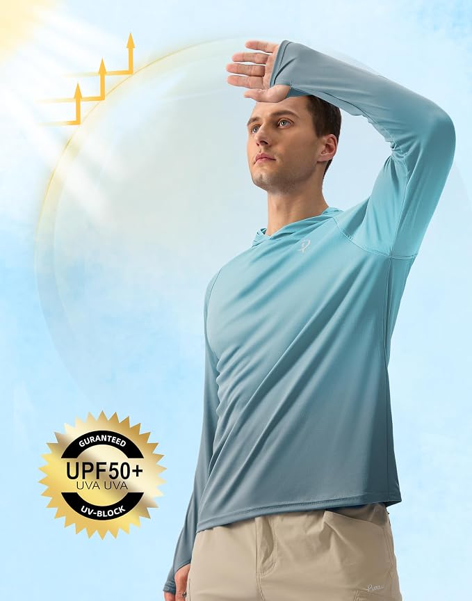 Pudolla Men's Sun Protection Hoodie Shirts UPF 50+ Rash Guard SPF Long Sleeve Fishing Shirt for Men Swim Hiking Boating