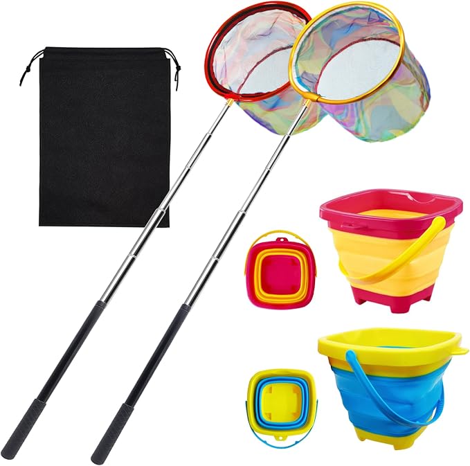 2PCS Fishing Net with Bucket, Telescopic Fishing Landing Net, Collapsible Youth Sand Bucket, Youth Fish Butterfly Catching for Freshwater Saltwater Outdoor Activities