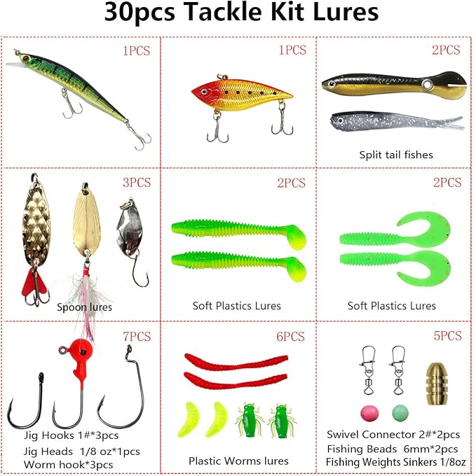 Fishing Lures Kit Set, Baits Tackle Including Crankbaits, Topwater Lures, Spinnerbaits, Worms, Jigs, Hooks, Tackle Box and More Fishing Gear Lures for Bass Trout