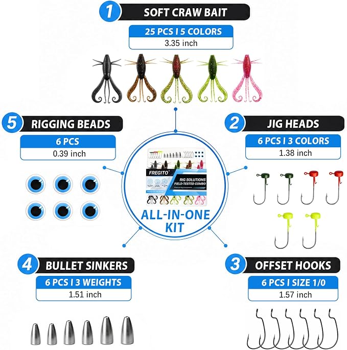 49pcs Soft Fishing Lures Kit – Texas Rig Kit for Bass Fishing with Silicone Shrimp Baits, Hooks, Weights & 3D Eyes – Bass, Crappie & Trout Tackle for Freshwater & Saltwater