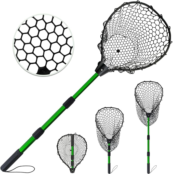 Telescoping Metal Lock Fishing Net with Handle Red Green 64" 52" Rubber Fish Net - Adjustable Length Lightweight Foldable Large Big Collapsible Extendable Fishing Net