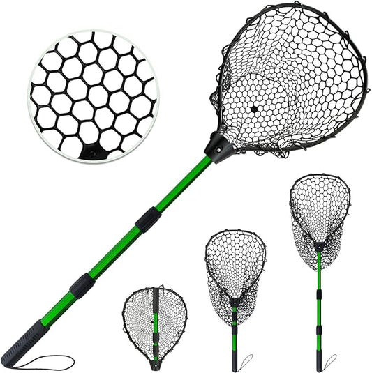 Telescoping Metal Lock Fishing Net with Handle Red Green 64" 52" Rubber Fish Net - Adjustable Length Lightweight Foldable Large Big Collapsible Extendable Fishing Net