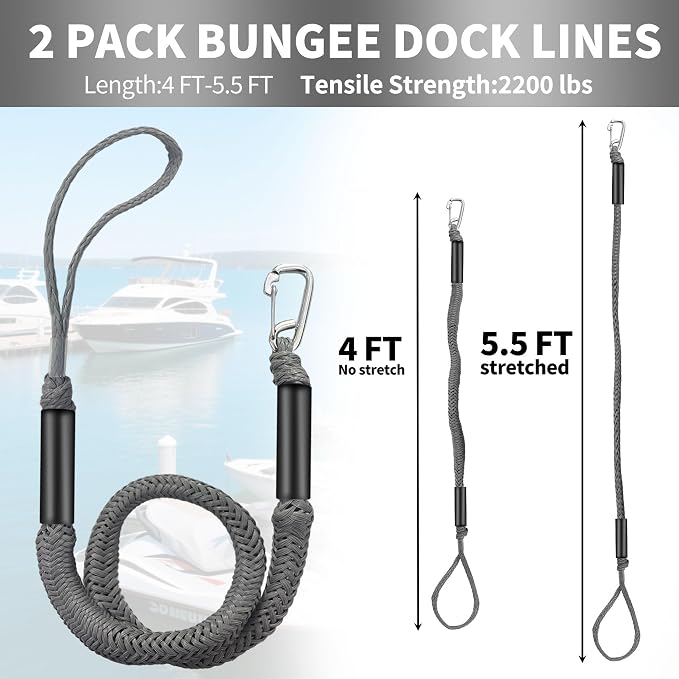 Bungee Dock Line with Stainless Steel Clip – Boat Dock Rope with Foam Float for Kayak, Canoe, Pontoon, Watercraft, SeaDoo, Docking – 4–5.5 ft, 2 Pack（Grey）