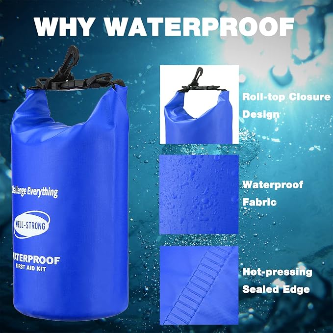 Emergency First Aid Kit for Boating, Fishing & Kayaking – Waterproof Medical Supplies with Roll Top Design, 2L Capacity, Blue