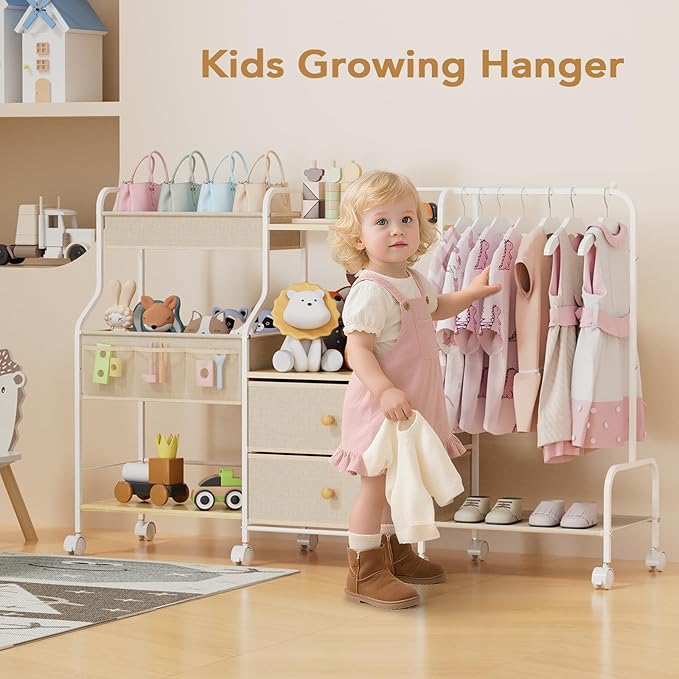 BBLIKE Diaper Caddy Organizer with Hanging Rack - 3 Tier Rolling Utility Cart with Drawers and Dividers for Baby Bottle Storage - Bedside Cart for Changing Station, Crib, Nursery, Bedroom, Beige