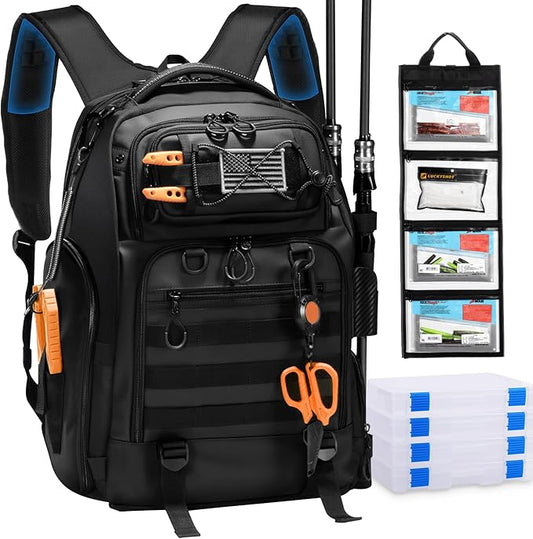 50L Fishing Tackle Backpack with Removable Lure Wraps,Include (4) 3600 Tackle Boxes, 2 Rod Holders Storage Fishing Gear and Equipment