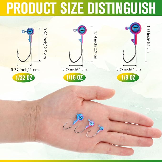 Vinsot Crappie Jig Heads 1/4oz 1/8oz 3/8oz 1/16oz 1/32oz Fishing Jig Hooks Simulation Fish Eye Ball Hook Bulk for Crappie Bass Trout Lures Gift