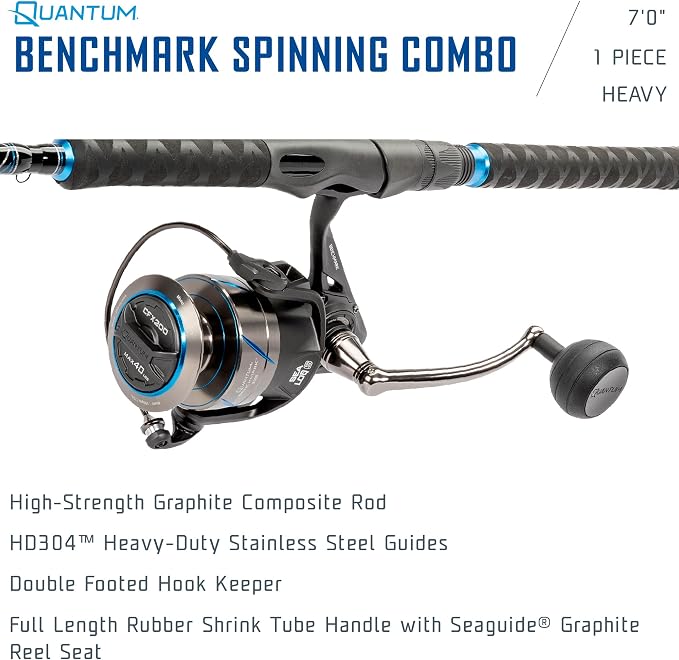 Quantum Benchmark Spinning Reel and Fishing Rod Combo, Graphite Composite Blank, 5+1 Bearings, Silver/Blue