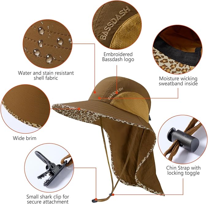 BASSDASH UPF 50+ Unisex Water Resistant Wide Brim Sun Hat with Large Neck Flap Ponytail Fishing Hat for Men Women