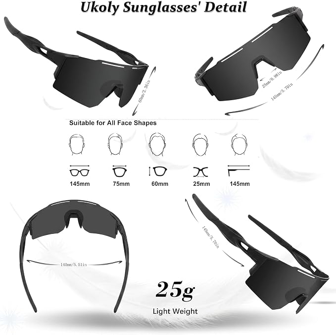 Ukoly Cycling Sunglasses for Men Women with 3 Interchangeable Lenses, Polarized Sports Sunglasses, Baseball Sunglasses