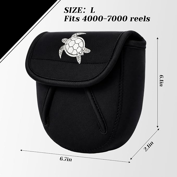 3 Pcs Fishing Spinning Reel Cover with Turtle Embroidery Baitcasting Trolling Fishing Reels Neoprene Protective Case Pouch Sleeve Gloves Bags Fits 2000-3000 Series Reel(Black, Classic)