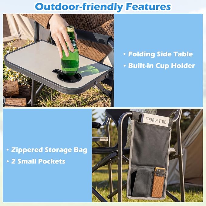 COSTWAY Oversized Folding Camping Chair with Padded Seat, Side Table, Cup Holder & Storage Pocket, Heavy-Duty Portable Director's Chair for Beach, Fishing, Picnic & Sports, Supports 400 lbs (Black,1)