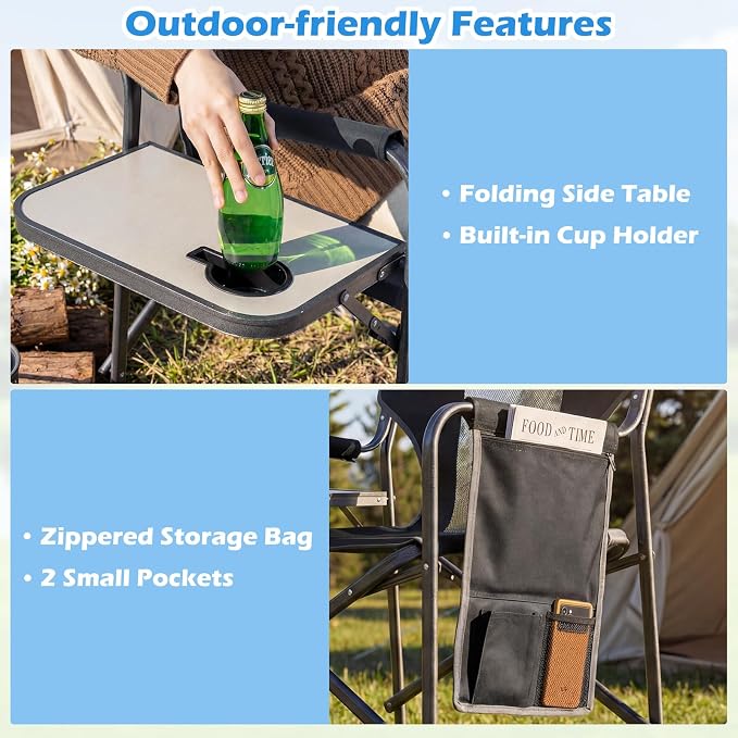 COSTWAY Oversized Folding Camping Chair with Padded Seat, Side Table, Cup Holder & Storage Pocket, Heavy-Duty Portable Director's Chair for Beach, Fishing, Picnic & Sports, Supports 400 lbs (Black,2)