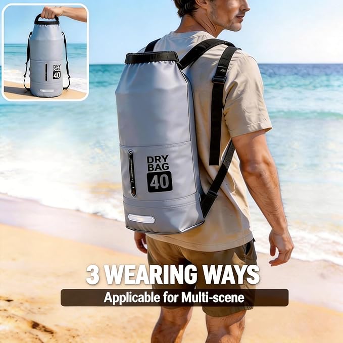 40L Waterproof Dry Bag - Floating Heavy Duty PVC Dry Sack - for Boating, Fishing & Beach - Backpack Style Waterproof Bag for Men & Women