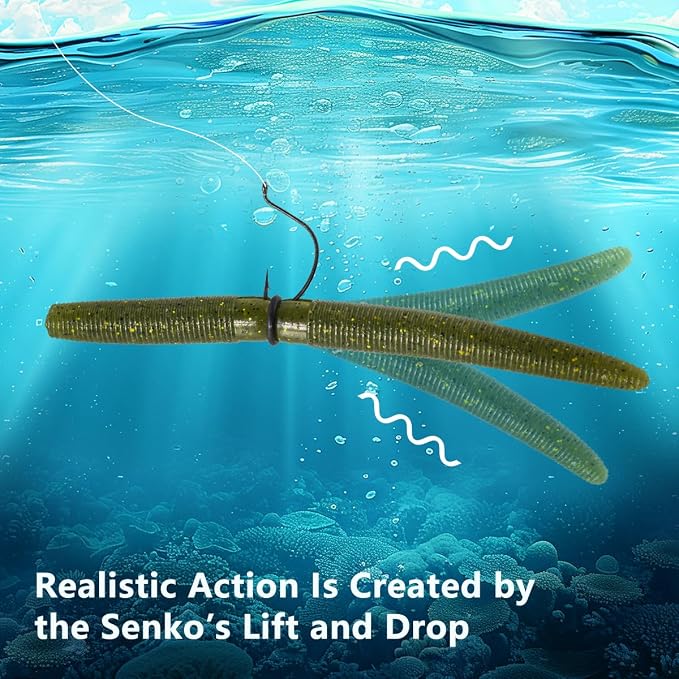 Senko Bait Soft Plastic Lures 5" Senkos 24 Pcs/100pcs for Wacky Rig Freshwater Fishing Green Pumpkin senko with Black Flake Pink Watermelon Double Color