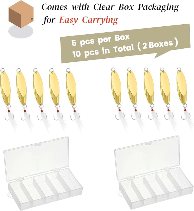Fishing Spoons Fishing Lures Hard Metal Spinner Baits Reflective Casting Spoon Treble Hooks Jigs for Freshwater Saltwater，10 PCS with Box