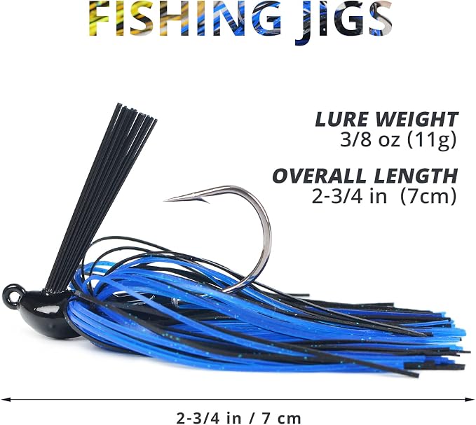 Fishing Jig with Weed Guard 3/8 oz Silicone Skirt Fishing Lures for Bass Perch Multi-Color Pack of 6