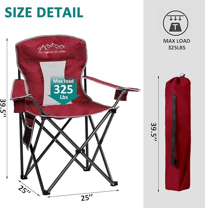 Outdoor Folding Camping Chair with Cup Holder, Storage Bag, Large Anti-Sink Feet, 400lbs Capacity, Breathable Mesh Portable Chair for Camping, Beach, Fishing, Sports, Red