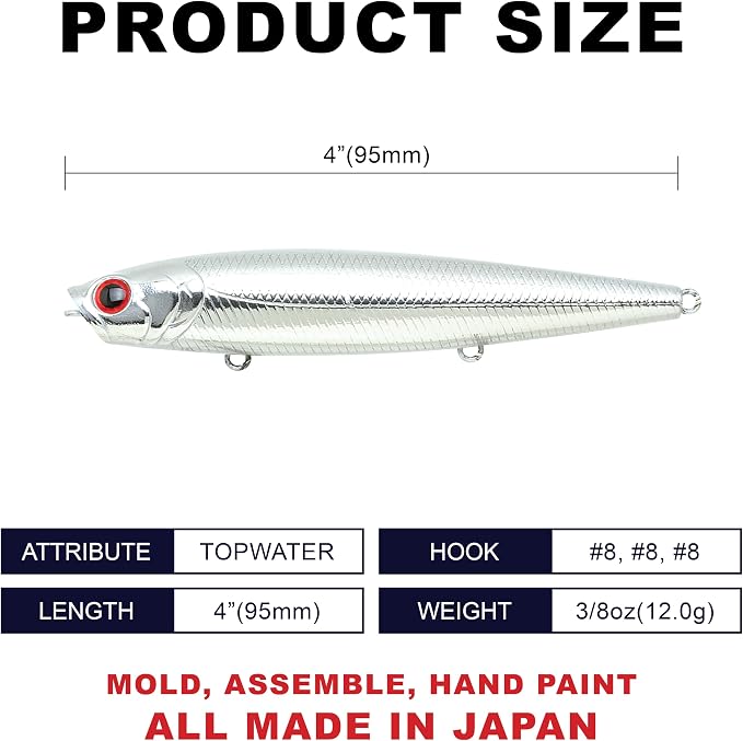 LUCKY CRAFT Gunfish 95 3 Hook Freshwater Fishing Lures and Bait for Bass Fish, Topwater Fish Line, Surface Bait with Treble Hooks, Fishing Gear for Tackle Box