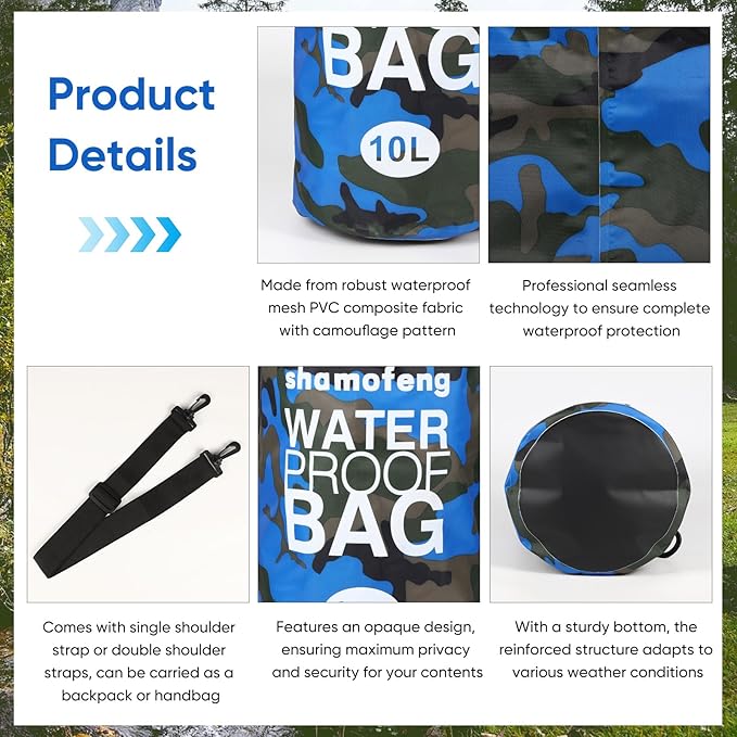 Waterproof Dry Bag 5L/10L/15L/20L/30L Roll Top Dry Storage Backpack with Phone Case, Collapsible Water Bottle, Sunglasses, Ear Band for Kayaking Boating Swimming Fishing Camping, Blue 10L
