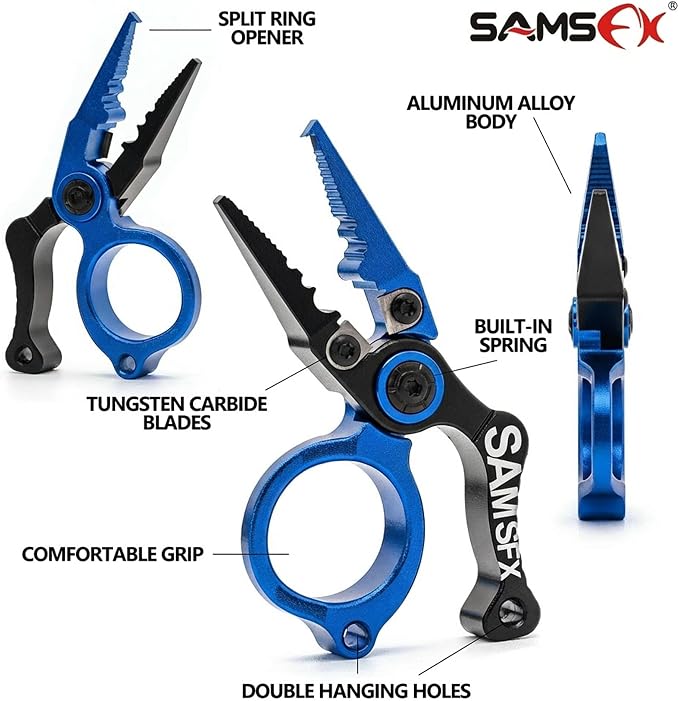 SAMSFX Mini Fishing Pliers with Fly Fishing Zinger Retractor, Fish Hook Remover Tool, Split Ring Pliers for Saltwater & Freshwater, Tungsten Carbide Cutters, Fishing Gear Gift for Anglers