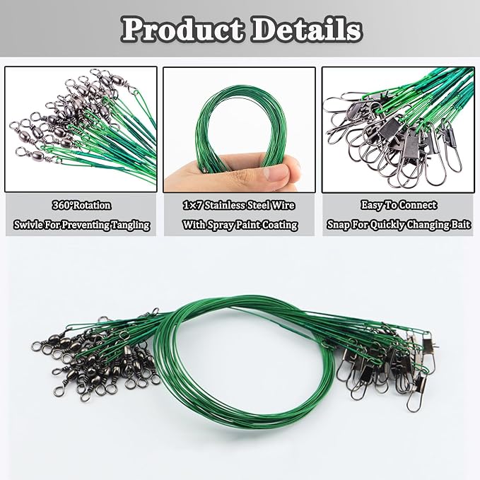 Fishing Leaders, 30pcs Stainless Steel Leader Wire Fishing Leader Line with Swivel Snaps Fishing Wire Leaders Connecting Fishing Tackle Lure or Hook for Saltwater and Freshwater