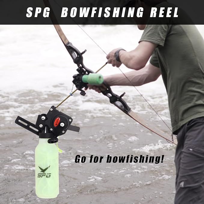 SPG Bowfishing Reel Archery Bottle Bow Fishing Reels Kits with 40M Fishing Rope Bow Mounted Attachment for Right Hand Compound Bow Recurve Bow Accessories