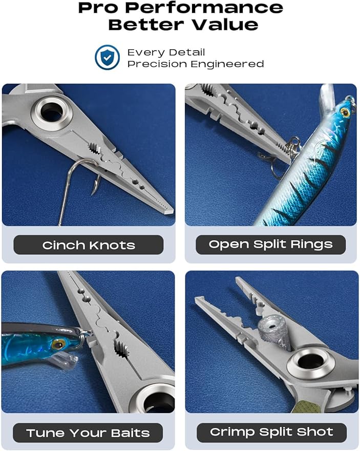 HOOK-EZE Anti-Twist Fishing Pliers with Multi-Function Design, 7.1" Saltwater 17-4 Stainless Steel Fishing Gear with G10 Handles, Split Ring Pliers, Fish Hook Remover Tool