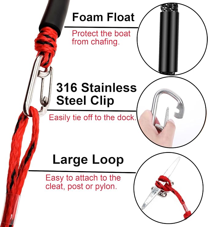 Boat Bungee Dock Lines, Mooring Rope with Stainless Steel Clip,Boat Ropes for Docking, Boat Accessories, Suit for PWC, Kayak, Seadoo, WaveRunner, Pontoon, Bass Boat, 4ft (RED&Black)