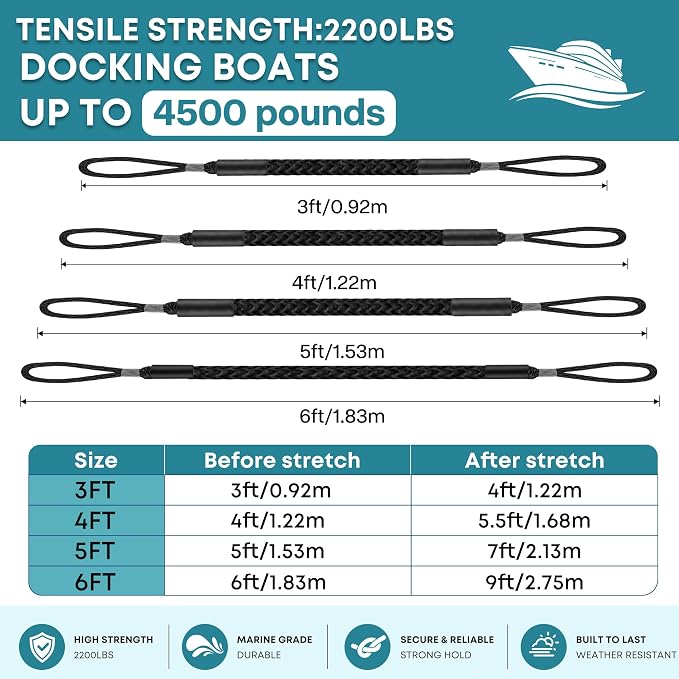 Boat Bungee Dock Lines, Scratch-Free Loop Ends Mooring Rope, Shock Absorbing Pontoon Tie Down Accessories Compatible with Models for Jet Ski（6ft-2 Pack-Black）